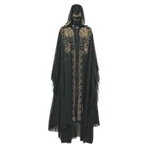 Black Gold Beaded Hooded Abaya Jalabiya Jilbab Farasha Cape Style Dress 62"